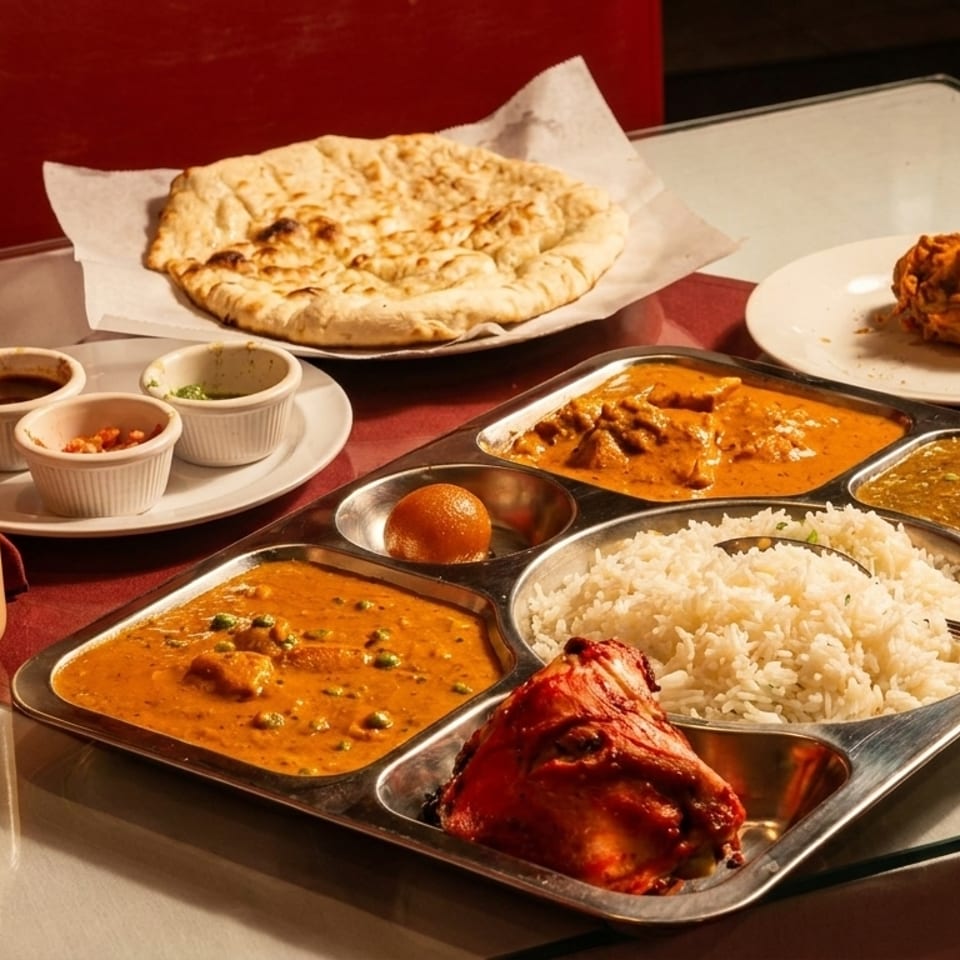 Indian thali with rice, curries, tandoori chicken, naan, gulab jamun, and a mango lassi.