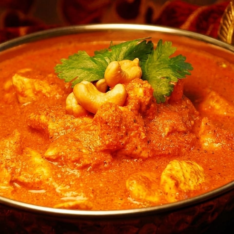 Rich orange chicken curry with cashews and cilantro in a decorative metal bowl.