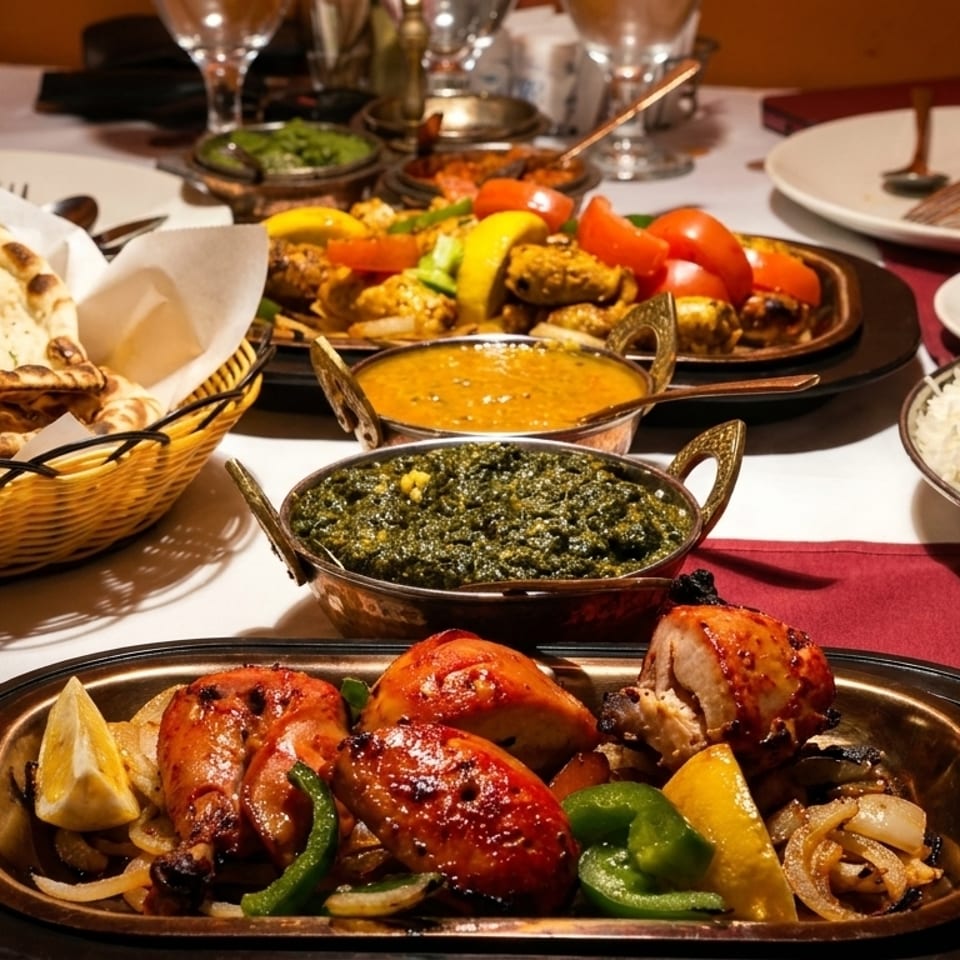 A table laden with various Indian dishes including naan, tandoori chicken, rice, and curries.
