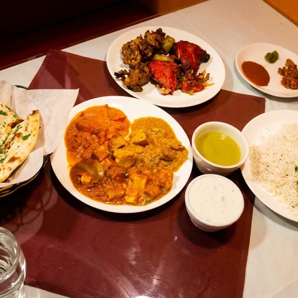 A table laden with various Indian dishes including naan, curries, rice, and appetizers.