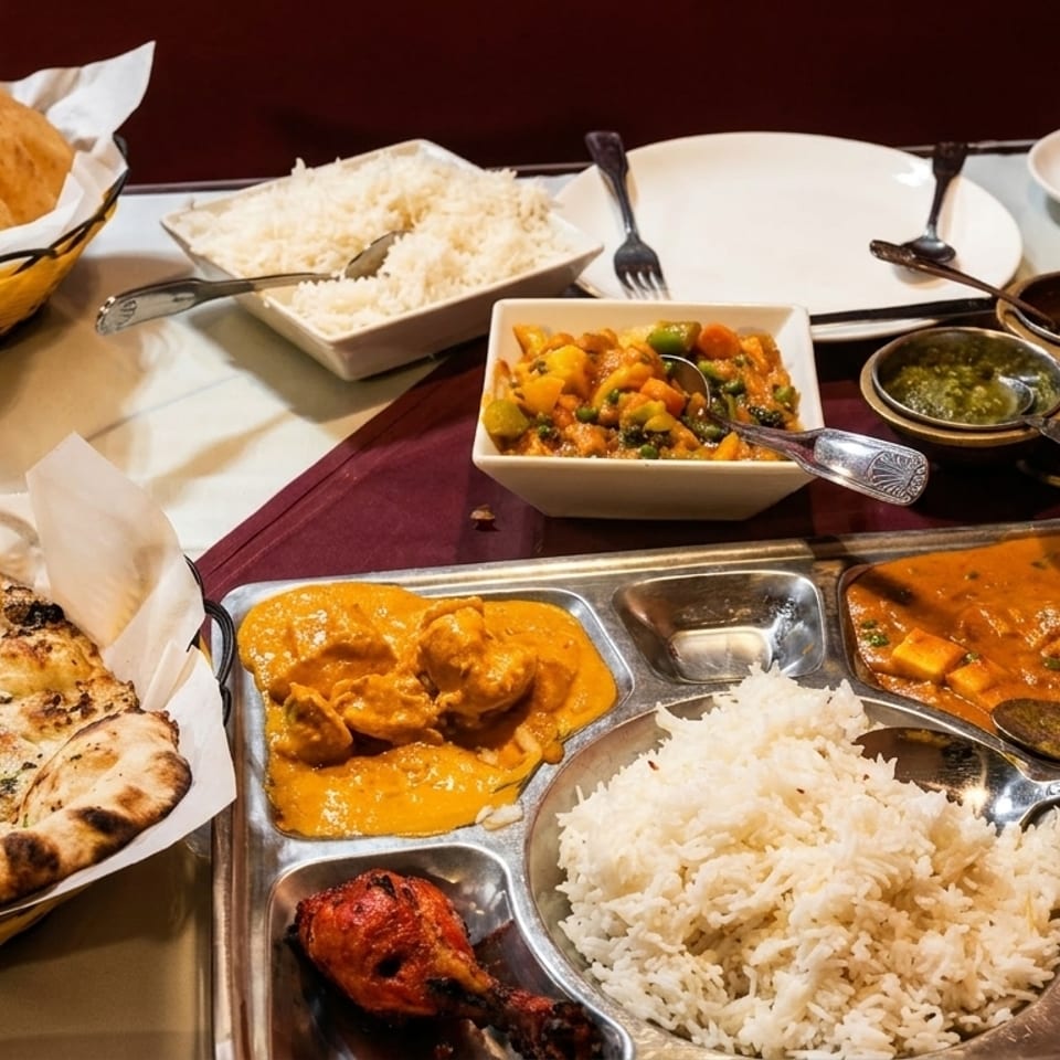 A table laden with various Indian dishes, including naan, puri, rice, curries, and chutneys.